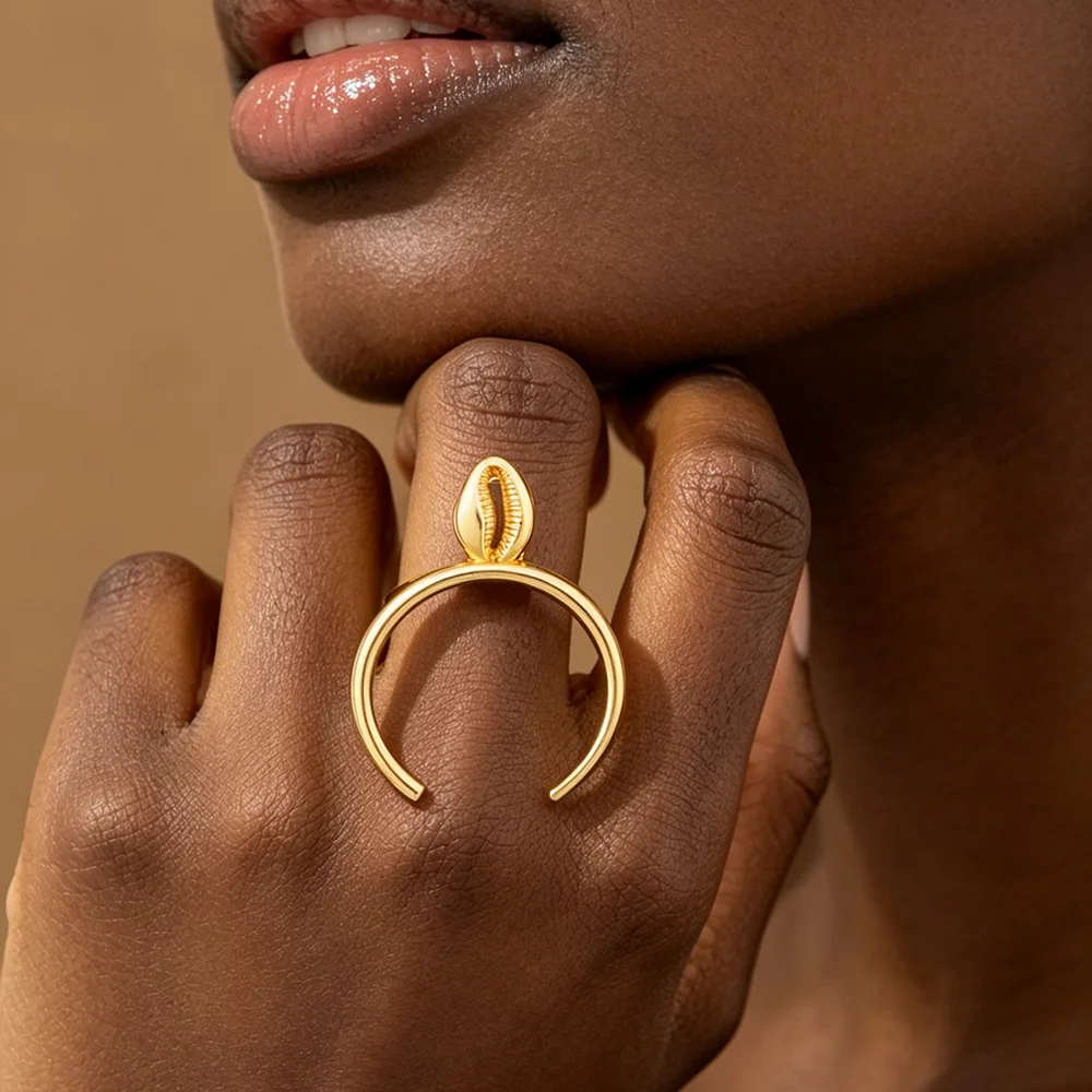 Böhmische Gold-Kaurimuschel-Ohrringe Ring Schmuckset Damen Modeschmuck Geschenk – Detail 7
