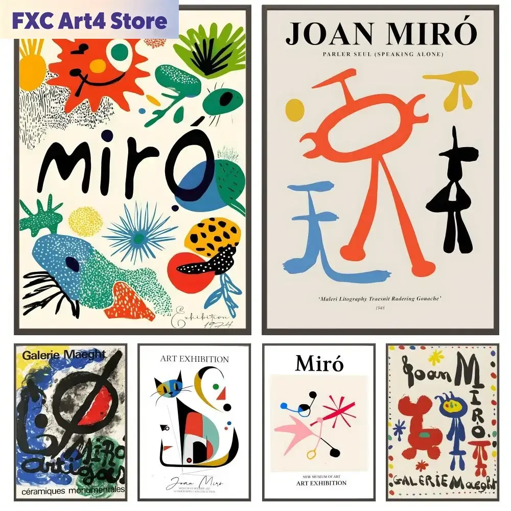 Joan Miro Abstract Canvas Painting Set - Colorful Surreal Geometric Figure Wall Art No Frame Required for Living Room Decor
