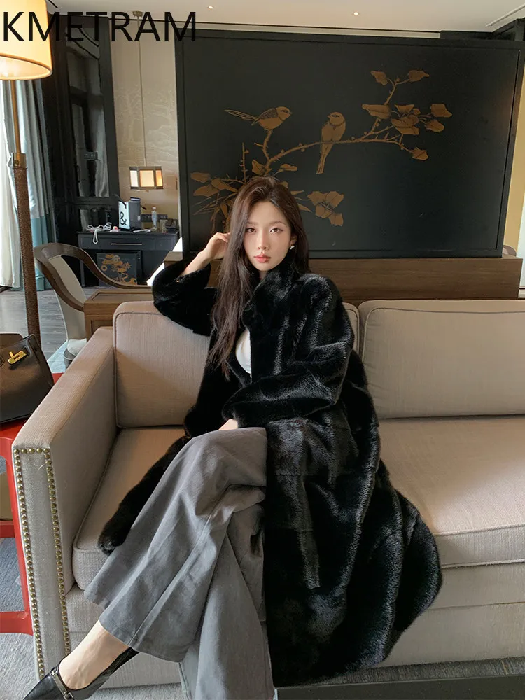 KMETRAM Natural Velvet Whole Mink Fur Coat Woman Stand Collar Long Coats Luxury Fur Jacket New Winter Women Clothing 110cm 2026
