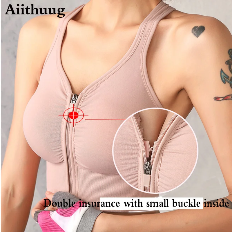 Aiithuug Reggiseno sportivo da donna con zip frontale Reggiseno da corsa ad alto impatto Top Reggiseni yoga attivi Cerniera con coppe imbottite