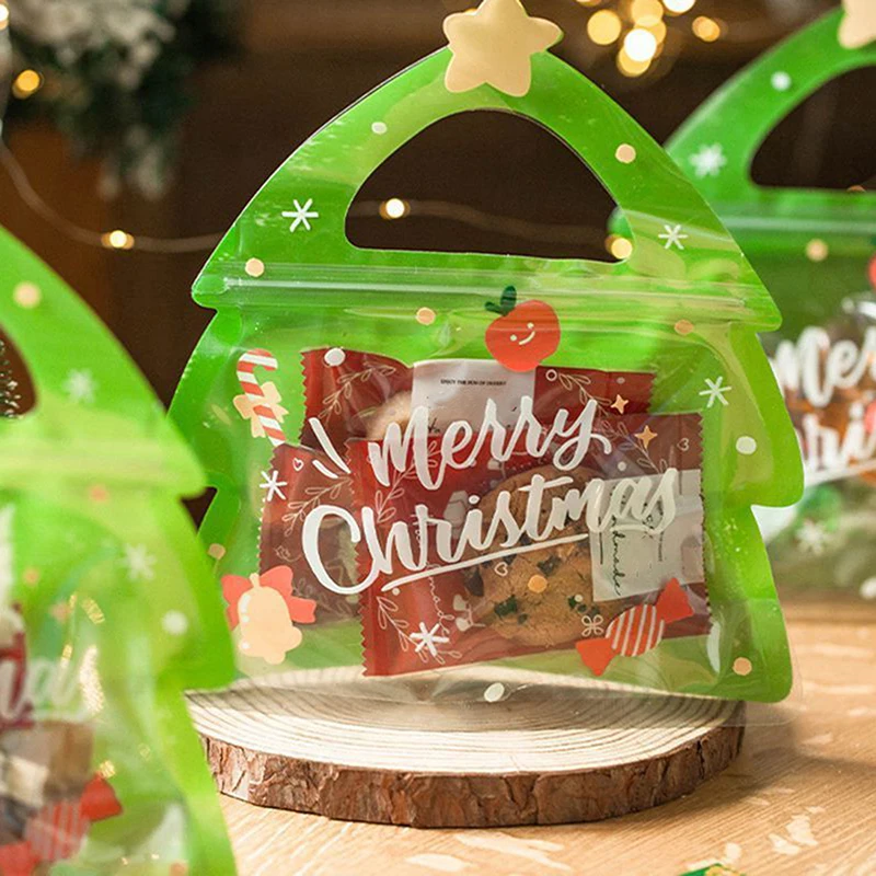 Bolsa de regalo con asa de árbol de Navidad para dulces, galletas de Chocolate, turrón, embalaje de galletas, bolsas de embalaje con cremallera de regalo