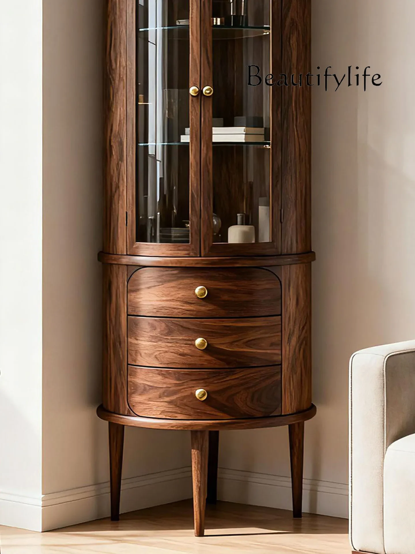 XR New Chinese Black Walnut Glass Wine Cabinet Modern Simple Light Luxury Display Cabinet Living Room Against The Wall Solid Woo