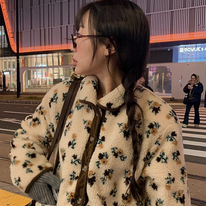 معطف نسائي من صوف امبسوول جاكار بلون متباين معطف شتوي دافئ كاجوال فضفاض مع جيب بطول قصير