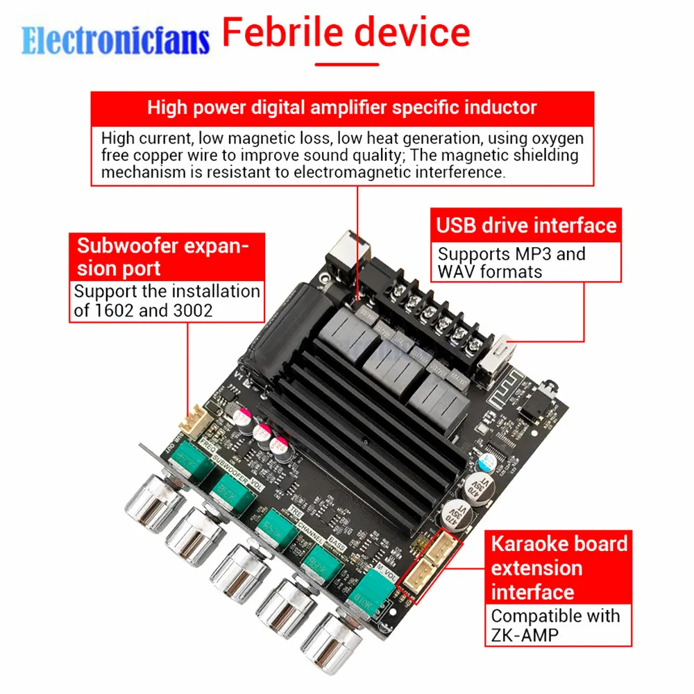 ZK-ST21 BT Digital Amplifier Board 2.1 Channel 100W+100W+200W Subwoofer Chip TPA3221