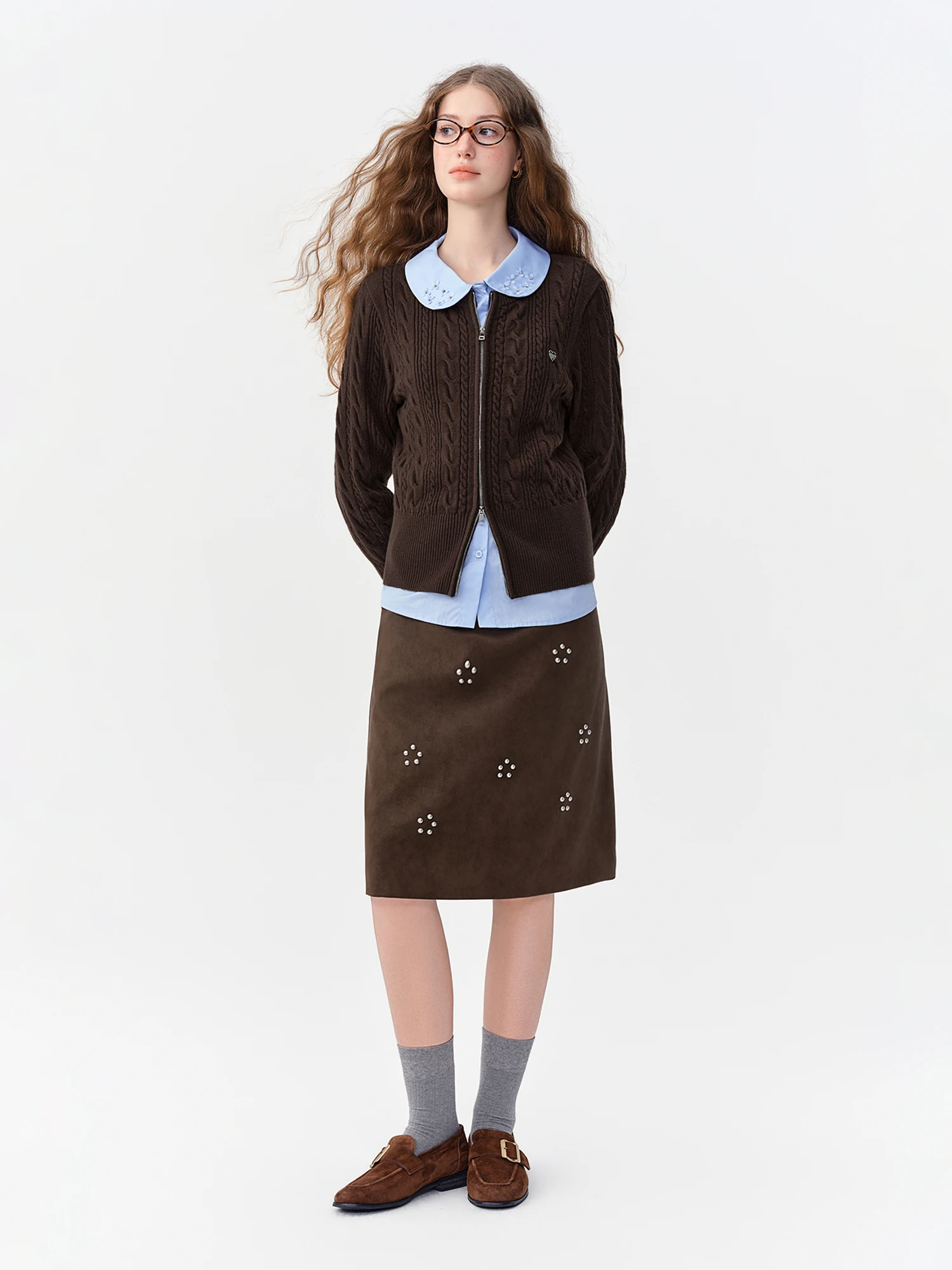 DUSHU Retro Suede Midi straight Skirt Women Winter Brown Versatile Stylish Commuting Elastic Waist Beading Chic