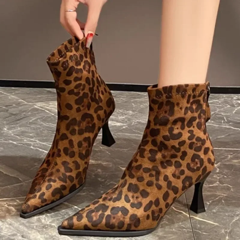 Leopard Women Ankle Boots Pointed Toe Sexy High Heels 2024 Trend Suede Snow Boots Autumn Luxury Party Pumps Fad Goth Botas Mujer