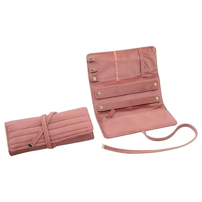 Wholesale Pink Green Velvet Portable Jewelry Box Foldable Roller Bag Portable Rings Necklace Jewelry Organizer Bag Wedding Gift