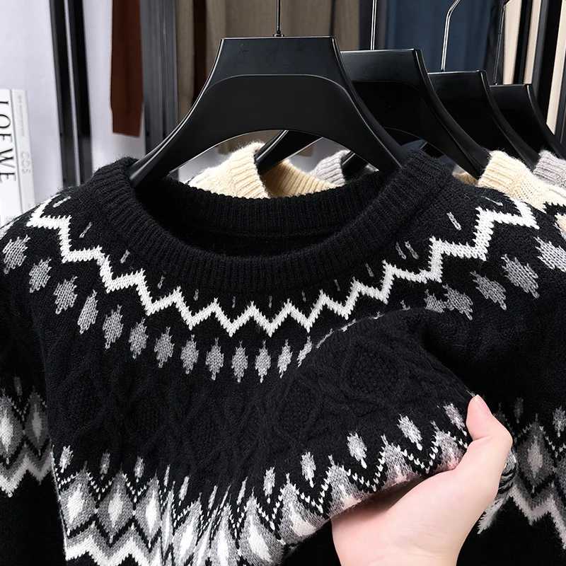 Men's American Lazy Style Knit Sweater Designer Original Fair Isle Jacquard Crewneck Soft Warm Cozy Casual Autumn Winter Men's