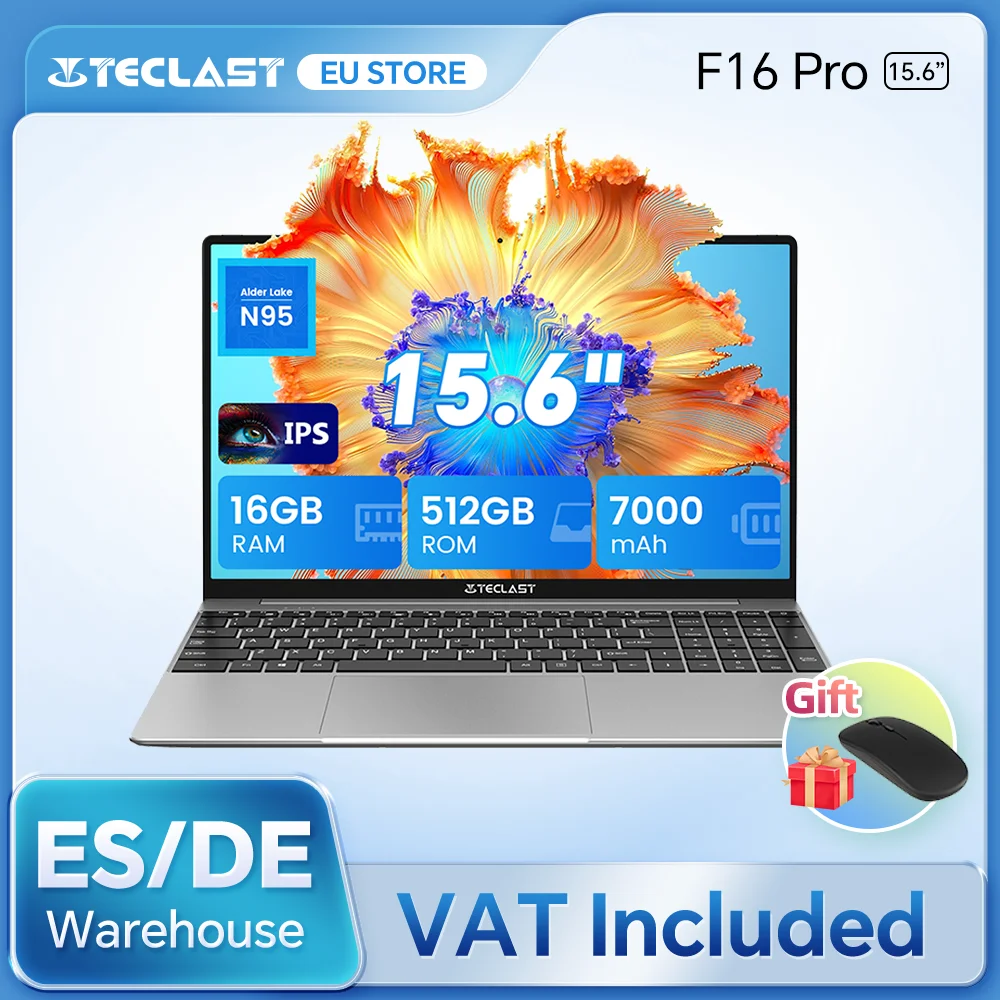 Ordinateur Portable Teclast F16 Pro, Windows 11 Pro, Processeur Intel N95, 16Go RAM, 512Go SSD, Écran IPS 15,6" 1920x1080, Wi-Fi 6, USB 3.2, Clavier rétroéclairé, mini-HDMI