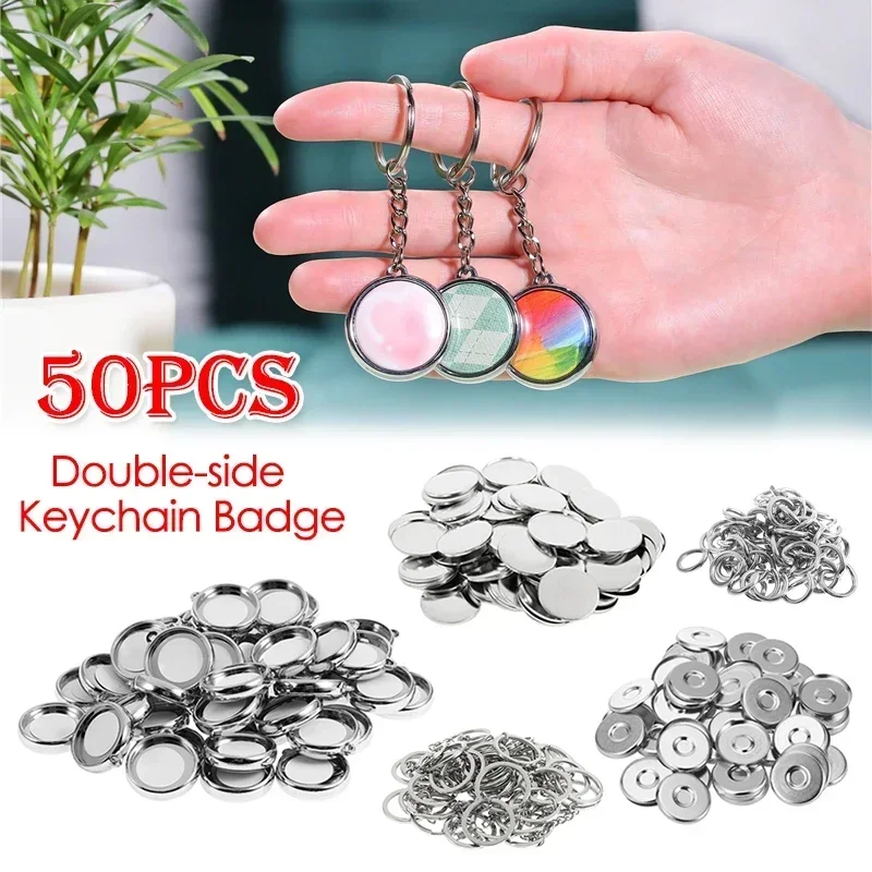 50Sets Blank Double-Side Keychain Badge Button Making Supplies 25/32/37mm Round Badge Pins Key Ring Pendant DIY Making