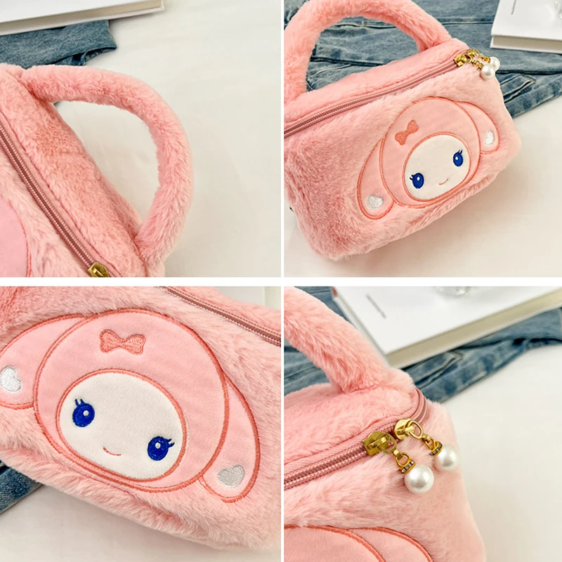 Sanrio-Bolsa de cosméticos de felpa para mujer, Bolso pequeño portátil con bordado de dibujos animados, Kuromi Melody, Cinnamoroll, Hello Kitty