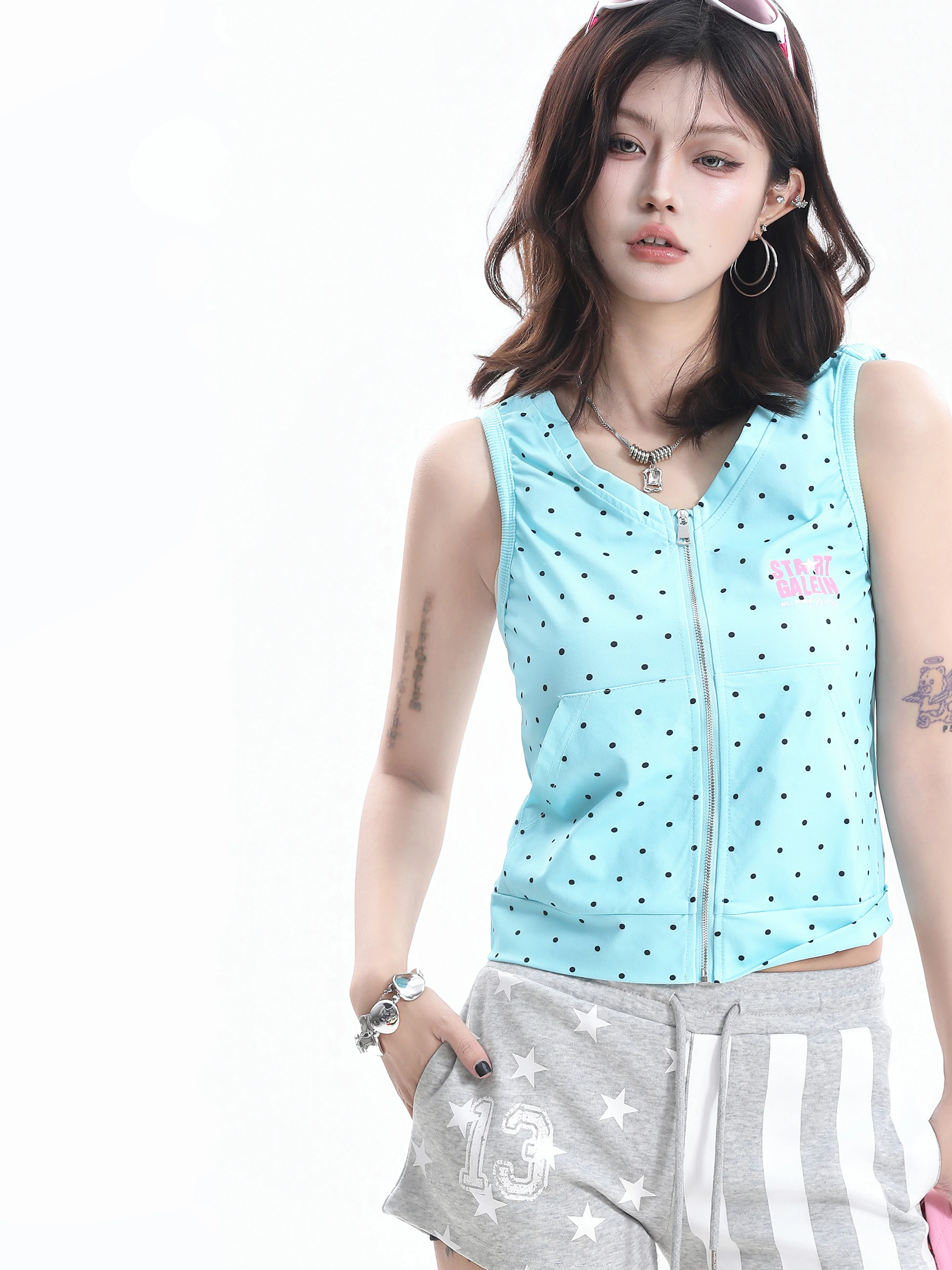 American Style Polka Dot Biker Vest Women's Slim Fit Zipper Top Short Length Versatile Summer Fashion Small Ball Ball Vest