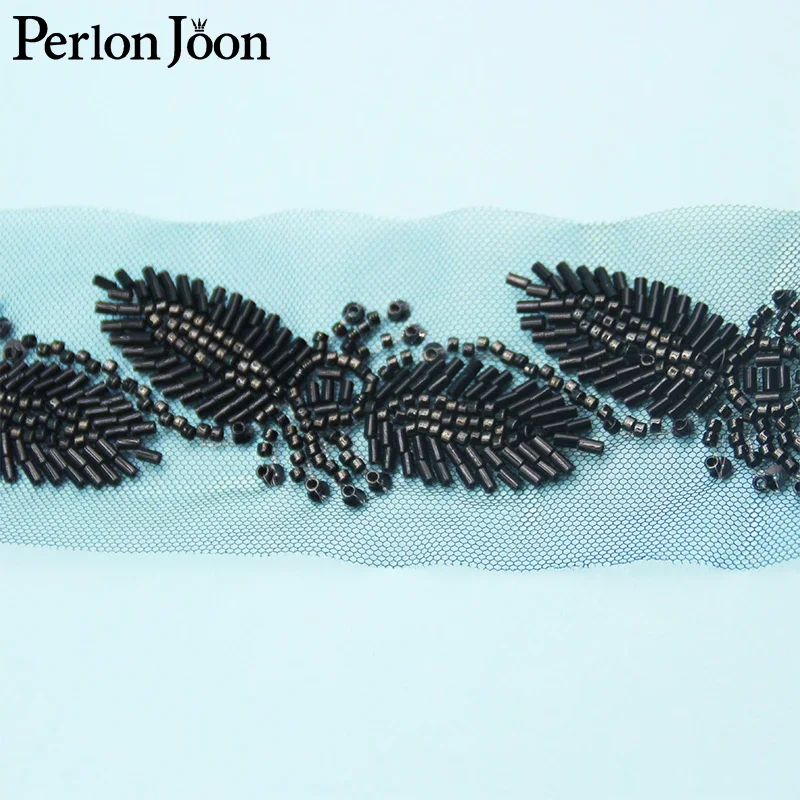 5 Yards Leaf Shape Black Long Short Glass Beaded Imitation Handmade Mesh Lace Trim DIY Sewing Decoration for Wedding Dress HB067