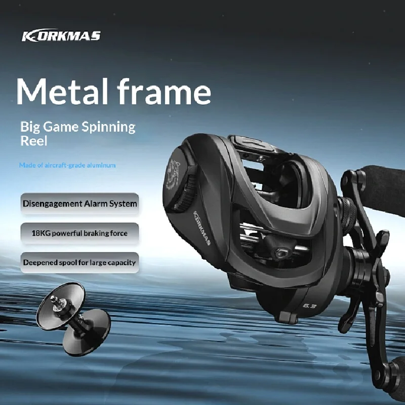 KORKMAS Baitcasting Fishing Reel Full Metal Frame Steel Gear 18KG Brake Force Built In Drag Alarm Deep Spool Large Capacity