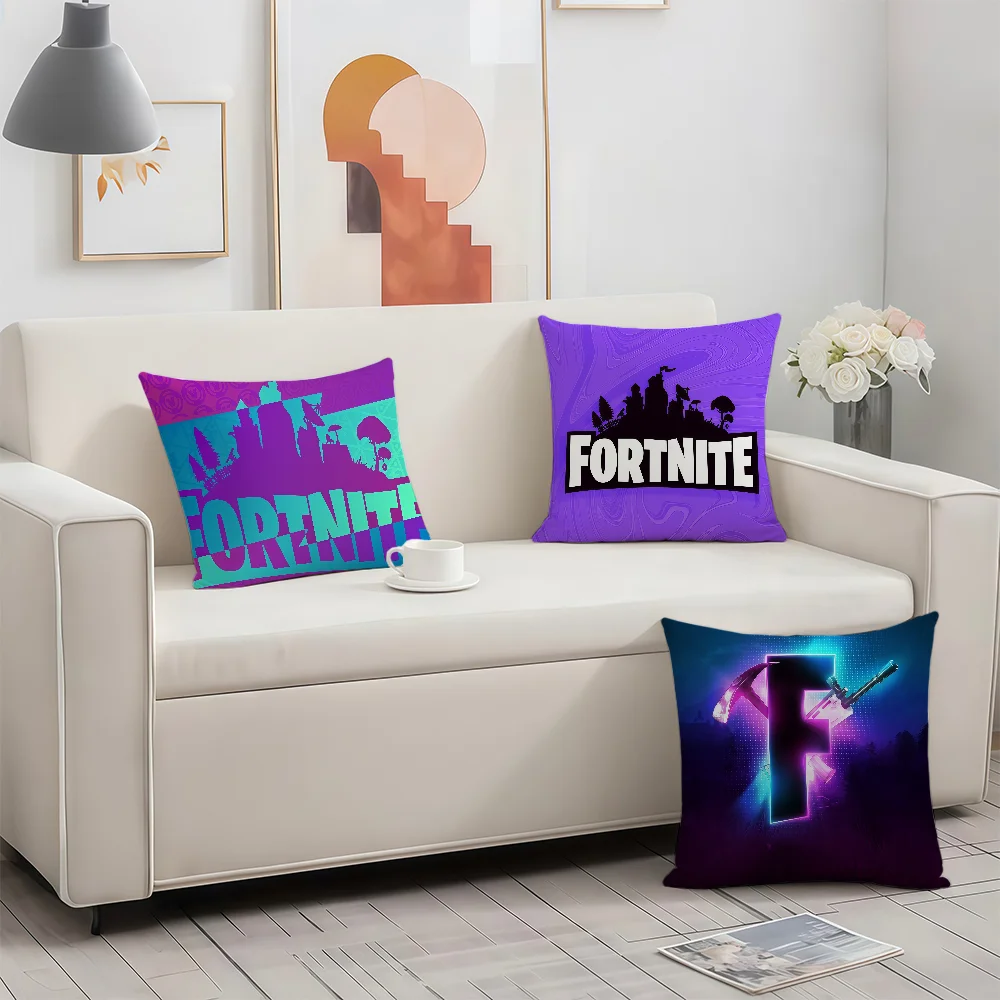 Funda de cojín con logotipo de juego F-FORTNITE-ES, regalos de cumpleaños y aniversario, funda de cojín con cremallera impresa de doble cara, ropa de cama suave para la piel