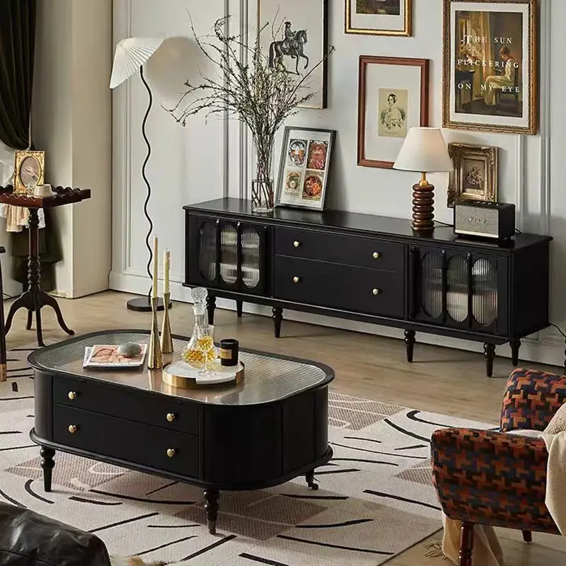 

French retro TV cabinet medium antique solid wood floor cabinet living room household cabinet combination storage storage