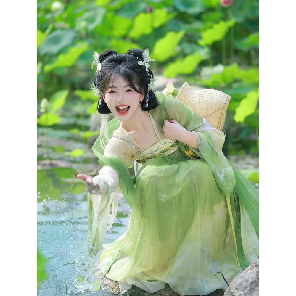 Lotus green girl Hanfu, Tang Dynasty chest-length skirt, antique long skirt set