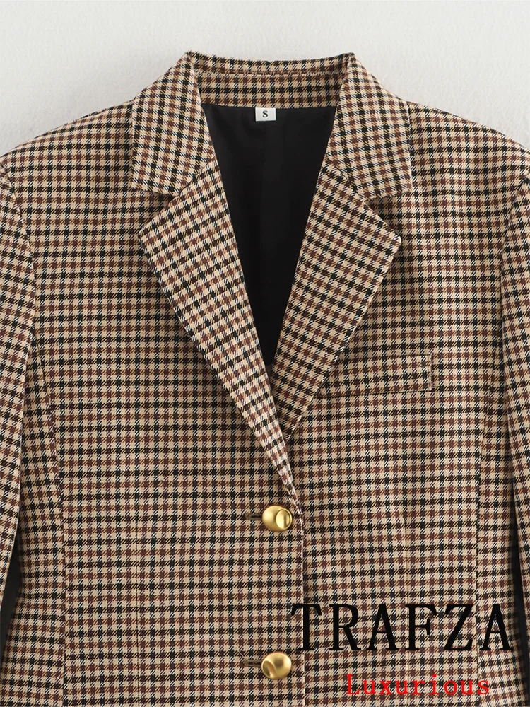 TRAFZA 빈티지 세련된 여성 블레이저 Houndstooth 싱글 브레스트 슬림 긴 소매 블레이저 패션 2025 봄 Office Lady Blazers