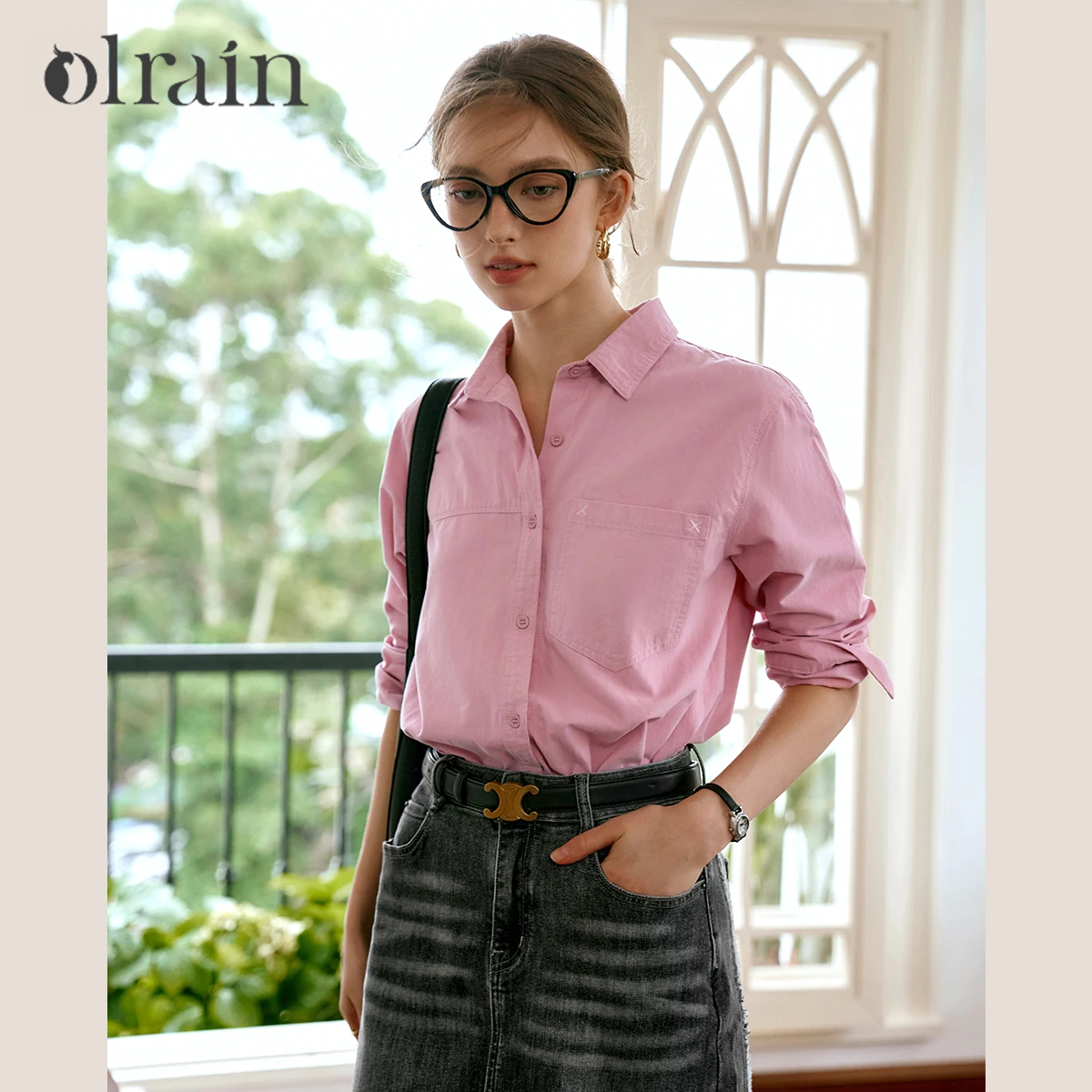 

OLrain French Women's Shirt 100%Cotton 2025 Spring Turn Down Collar Long Sleeve Loose Fit Blouse O24QC92953