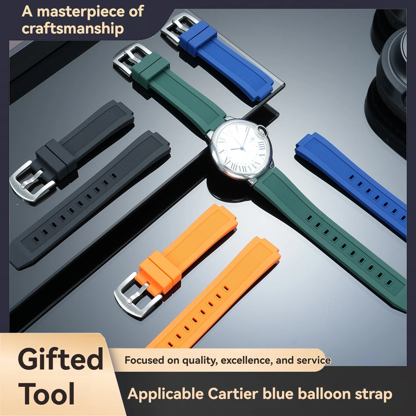 20x12mm, 22x14mm Interlocking Waterproof Men's Rubber Strap for Cartier Ballon Bleu 42/44mm “Black Knight” Large Dial Watch