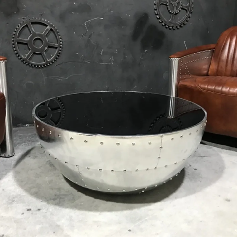 

Rivets old metal round furniture living room glass creative aluminum leather art big bowl coffee table