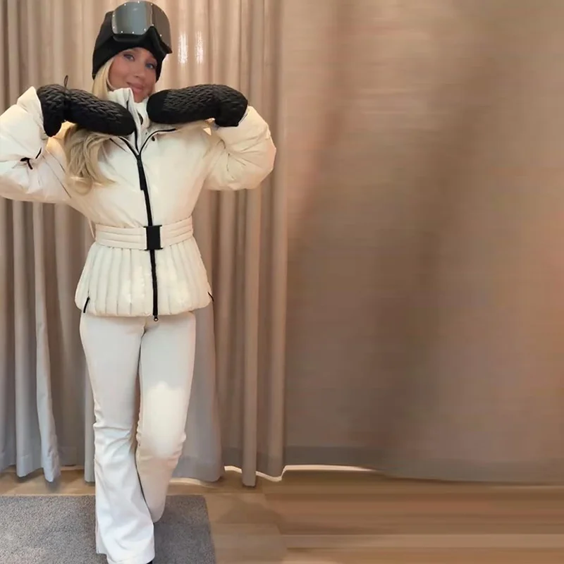 Hooded Skiing Coats Women Solid Stand Collar Belts Pleated Zippers Full Sleeve Thicken Cotton Jacket 2026 Winter Lady Outwears