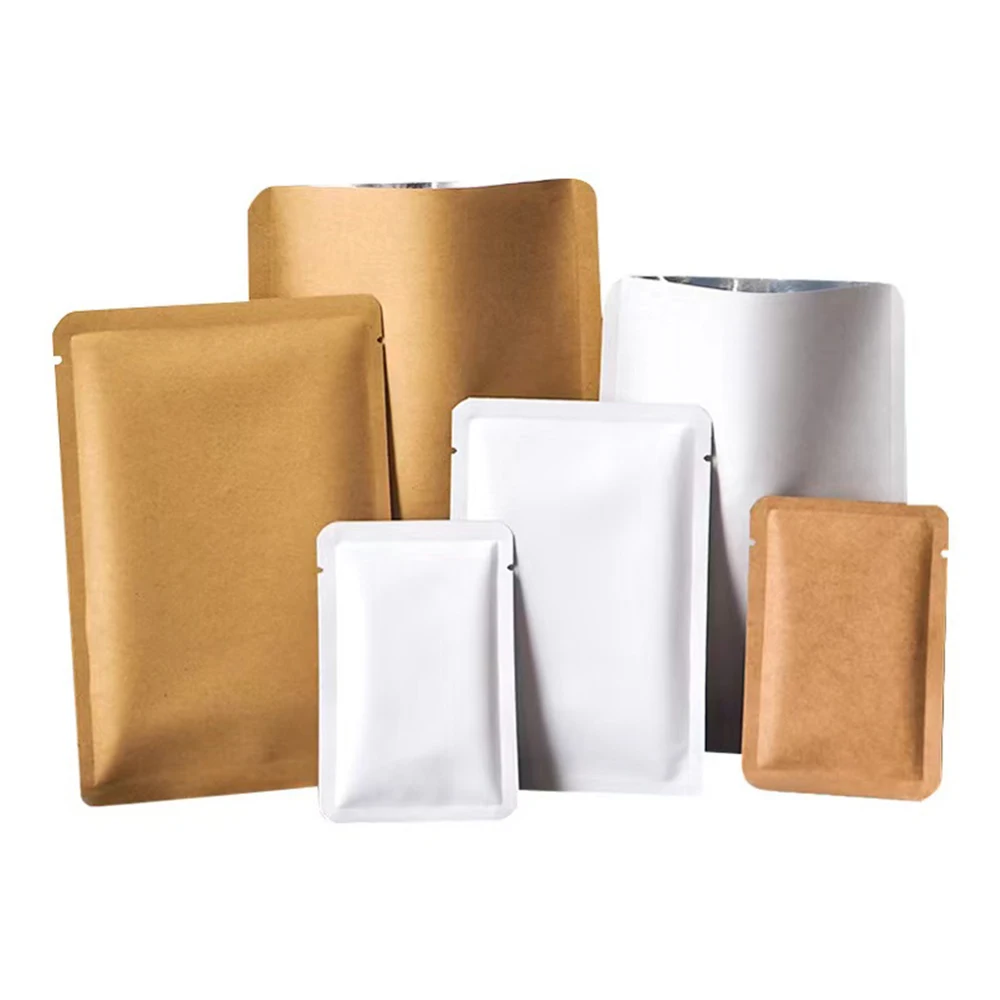 100Pcs Brown White Kraft Paper Open Top Aluminum Foil Bag with Round Corner Heat Vacuum Seal Tear Notch Food Snack Tea Pouches