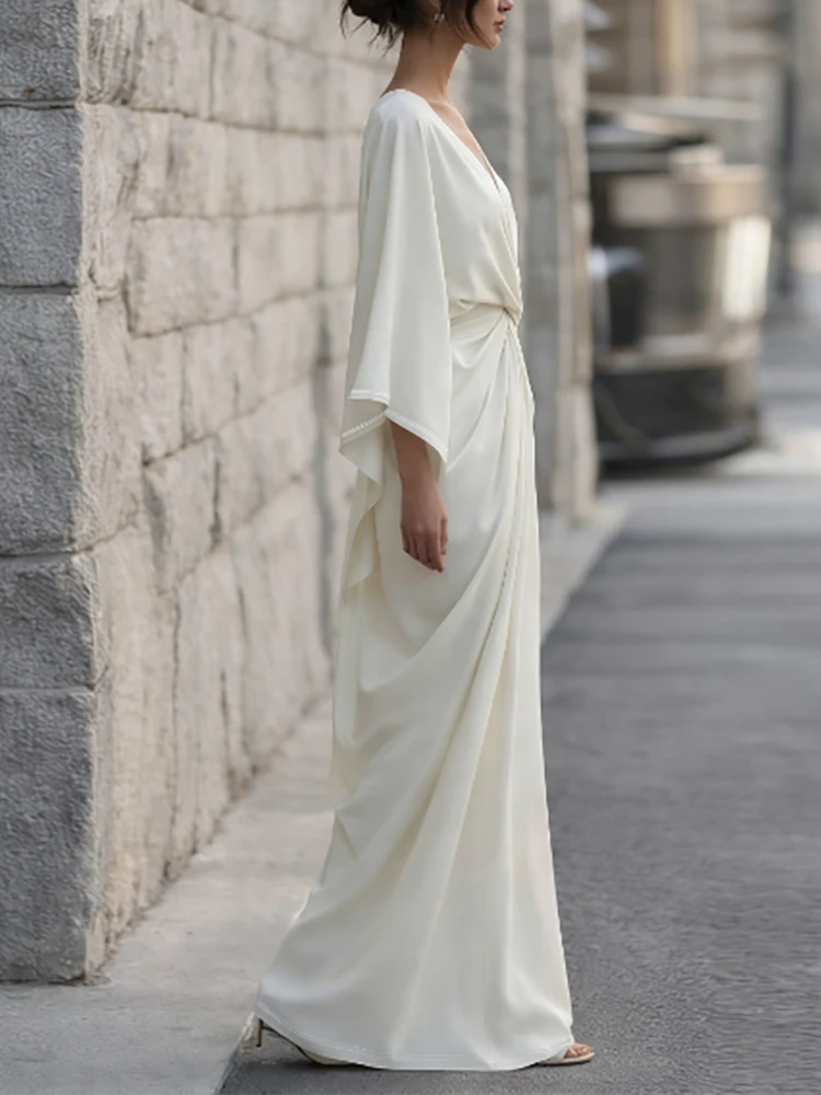 

Women Elegant Draped Slim Party Dresses Sexy Deep V-neck Flared Sleeve Evening Dress Fashion Hight Waist Solid Color Long Dress