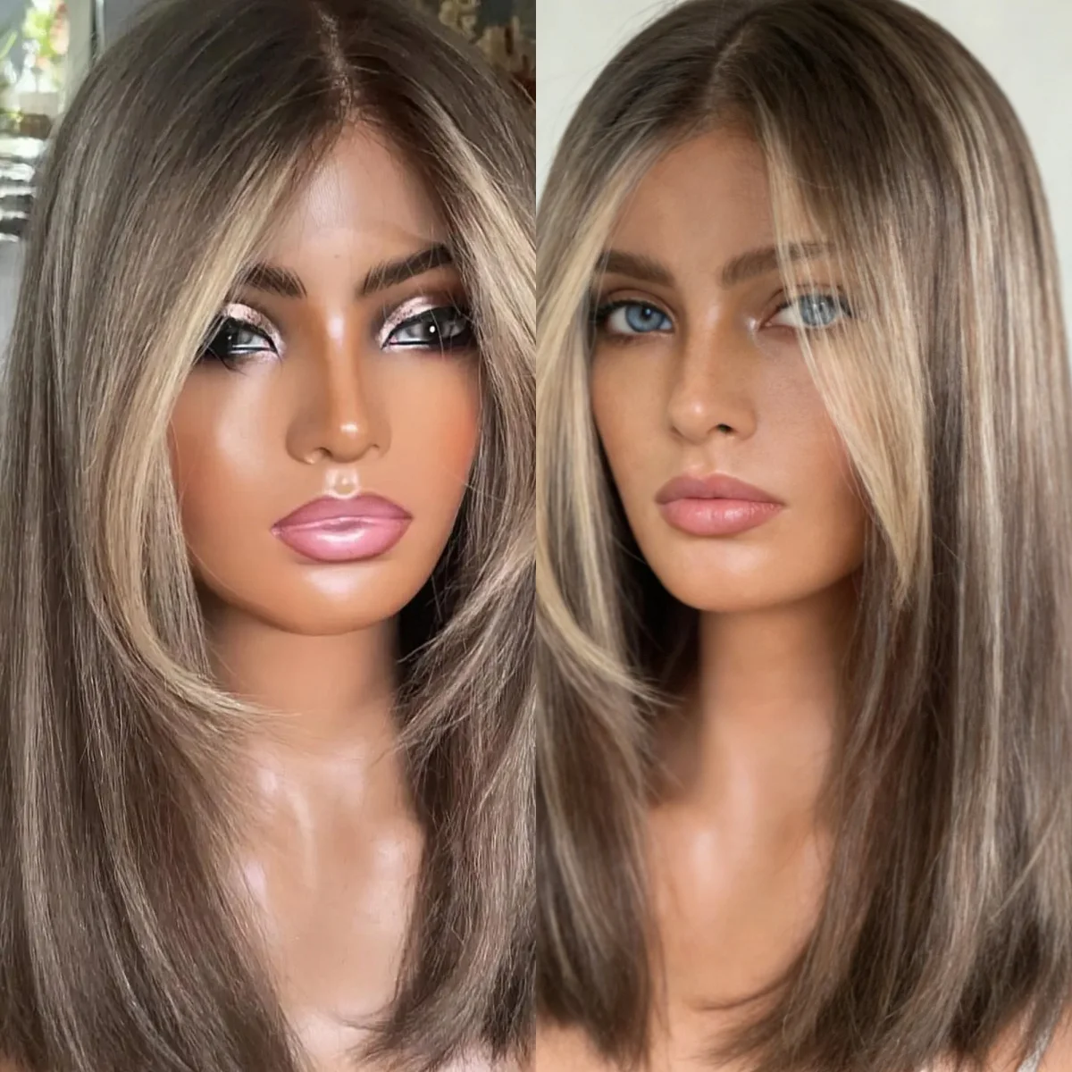 

14 Inches Natural Straight Ombre Brown Mix Blonde Highlight 13*4HD Transparent Lace Wigs Soft Layer Glueless Wigs Synthetic Hair