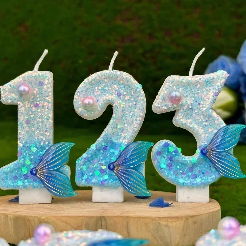 Digital Birthday Candles Cake Mermaid Tail Glitter Candle  Decoration DIY Baking Supplies for Wedding Anniversary Celebration