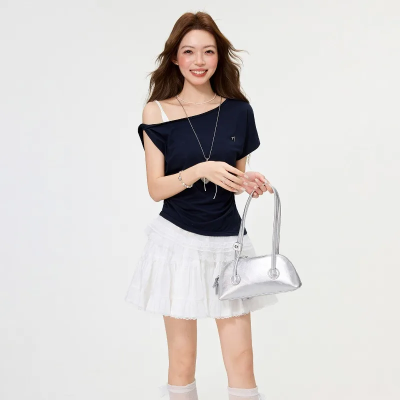 One-shoulder Angled Off-the-shoulder Slimming Short-sleeved T-shirt for Women Summer A Unique and Beautiful Lace-trimmed Hem Top