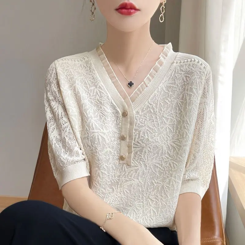 

Women Summer Fashion Diamonds V-neck Lace Solid Color Short Sleeve Shirts Ladies Simplicity Office Lady All-match Casual Tops