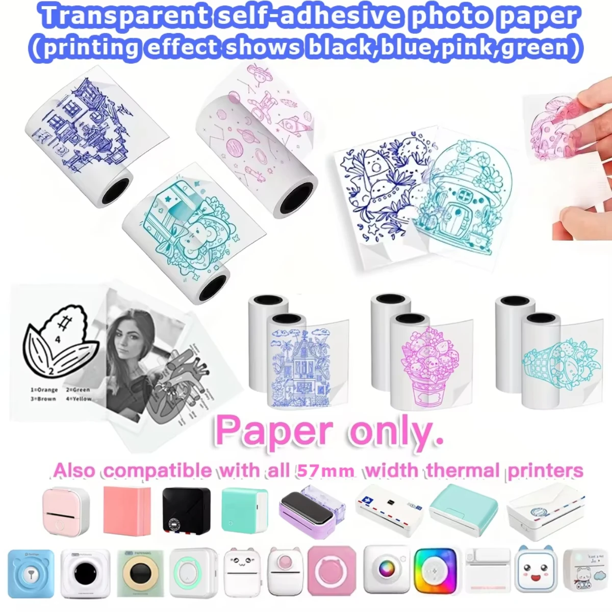 M02 57mm Color On Transparent Glossy Thermal Sticker Photo Notes suit for T02 M03 M04 Peripage a6 Paperang C9/X5/X6
