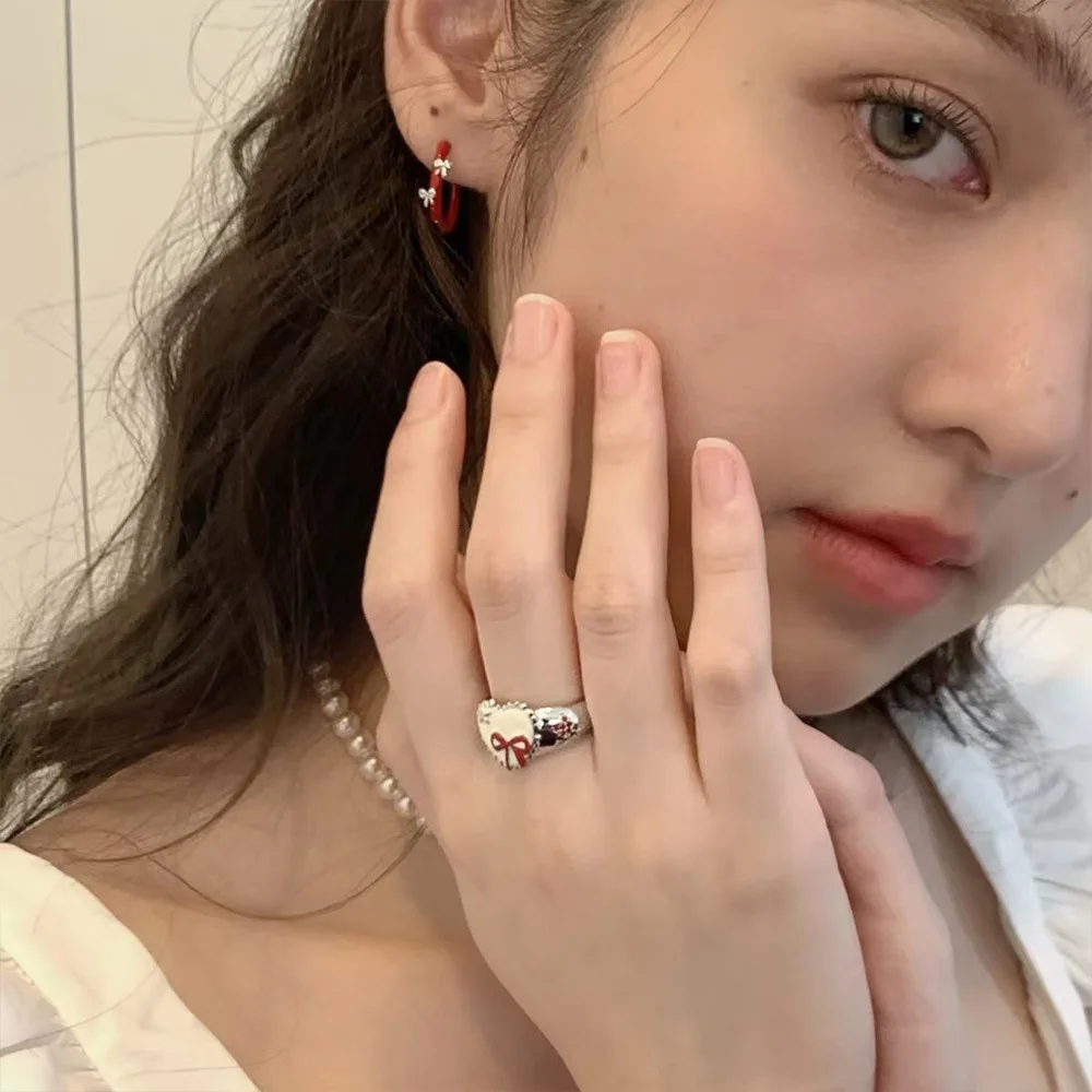Summer Day Sweet Cute Bow Heart Shape Drip Glaze Opening Rings for Women Unique Design New Fashion Accessories Party Jewelry