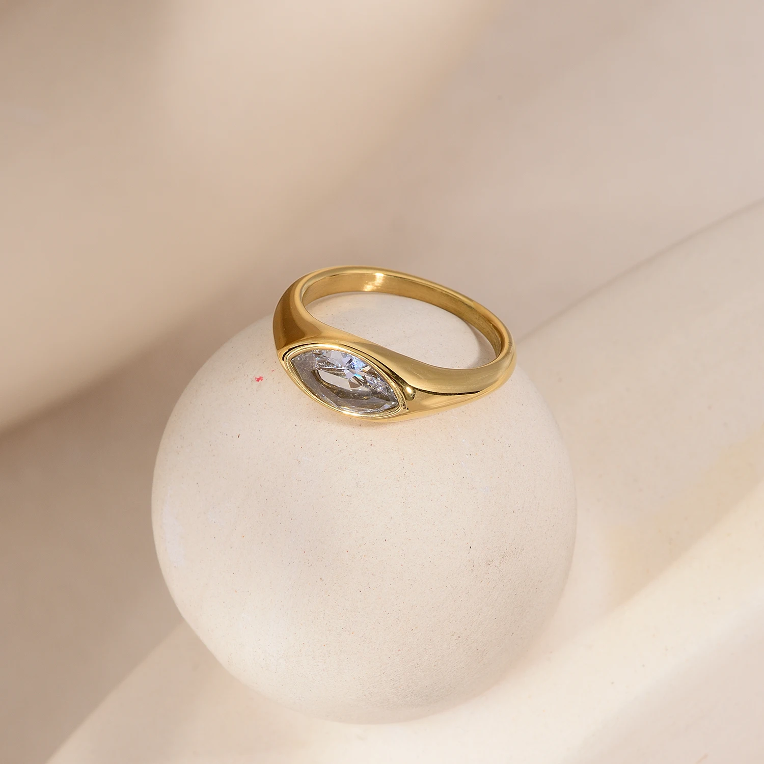 Rhombus Cut Cubic Zirconia Ring, 18K Gold Plated Stainless Steel, Waterproof Hypoallergenic Jewelry for Women