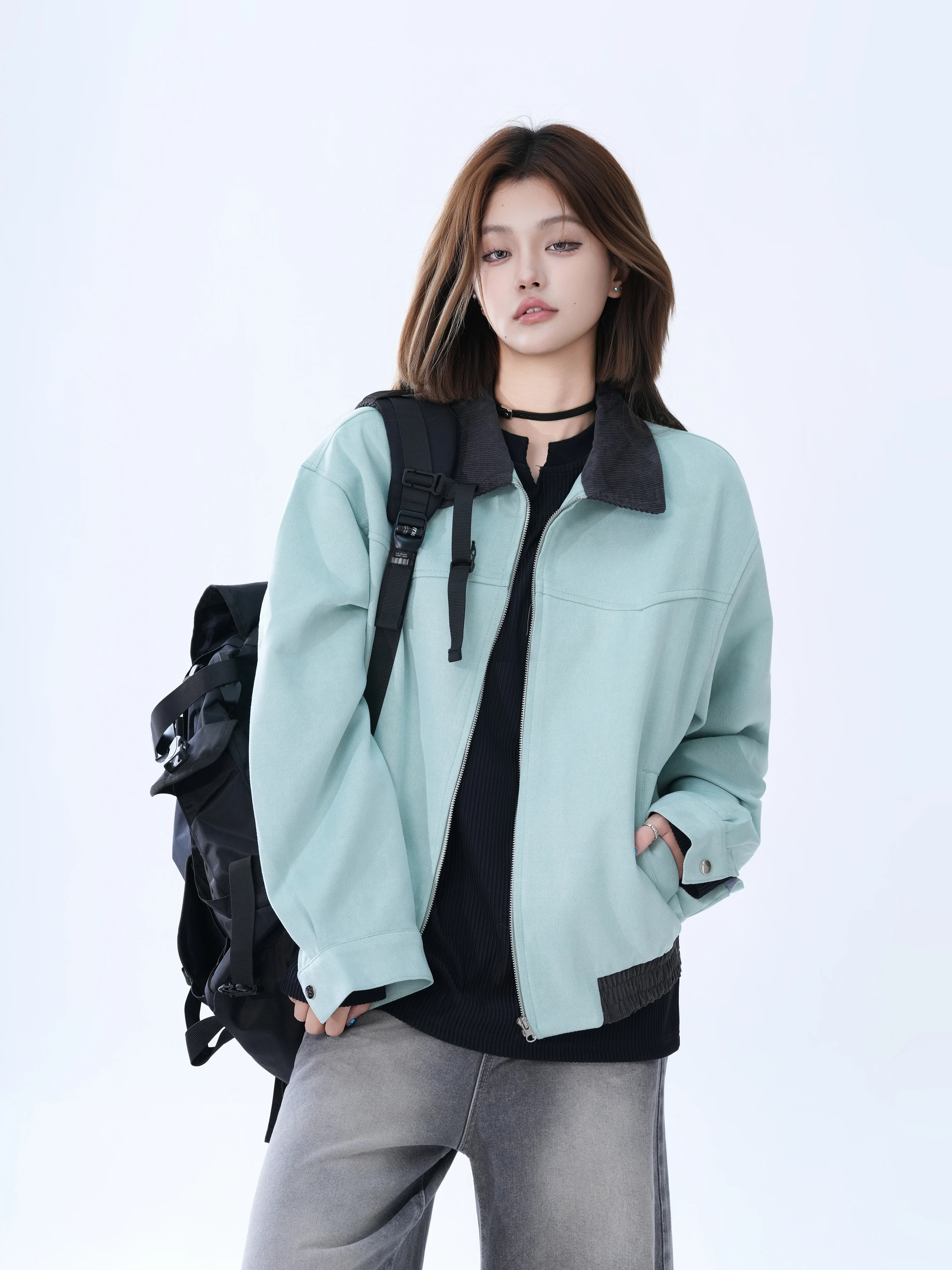 American Retro  Collar Workwear Jacket Pilot Color Block Casual Loose Women's Outerwear Comfortable Warm Long Sleeve Zipper