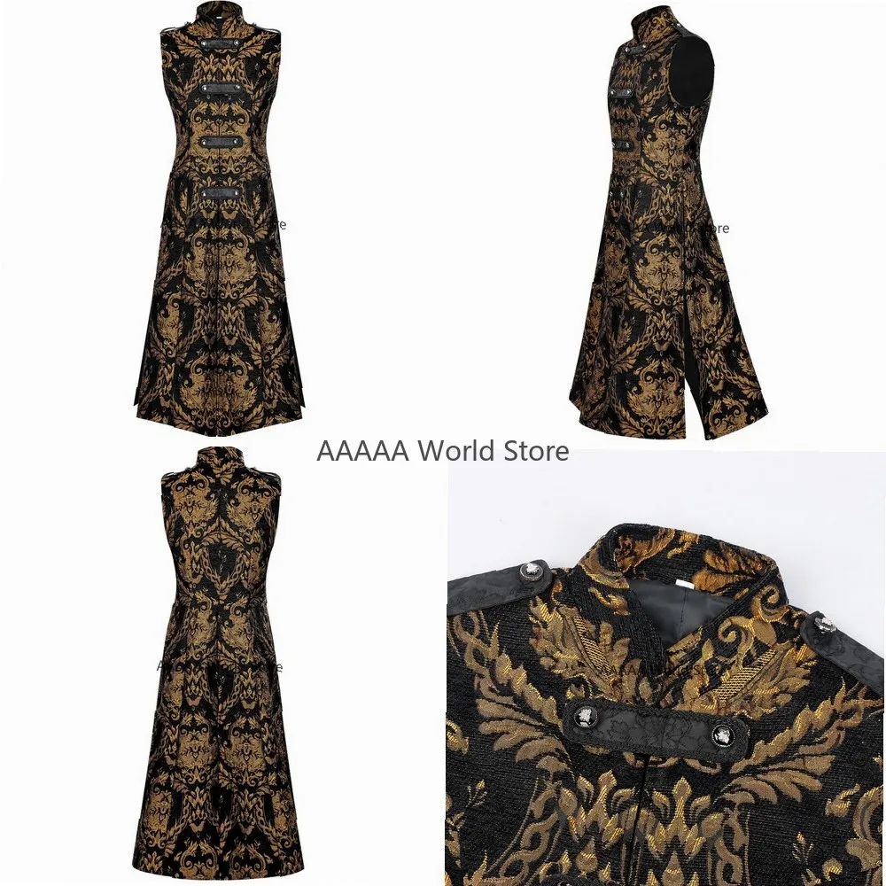 

Halloween Cosplay Punk Goth Costume for Men Gold Black Sleeveless Robe with Stand Up Collar Stage Party Dress