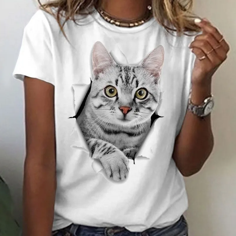 Animal Series 3D Printed Men's and Women's Short Sleeve T-shirt Crack Cat Round Neck  Oversized T Shirt Tops