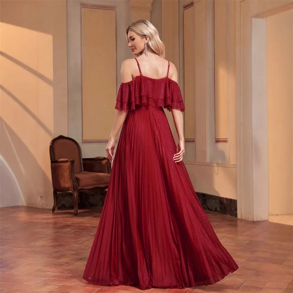 Ele Multi-Layer Ruffle Lace Strap Evening Dr Cross-Border New Sle Low Waist Silk Fabric round Ne Par Dr