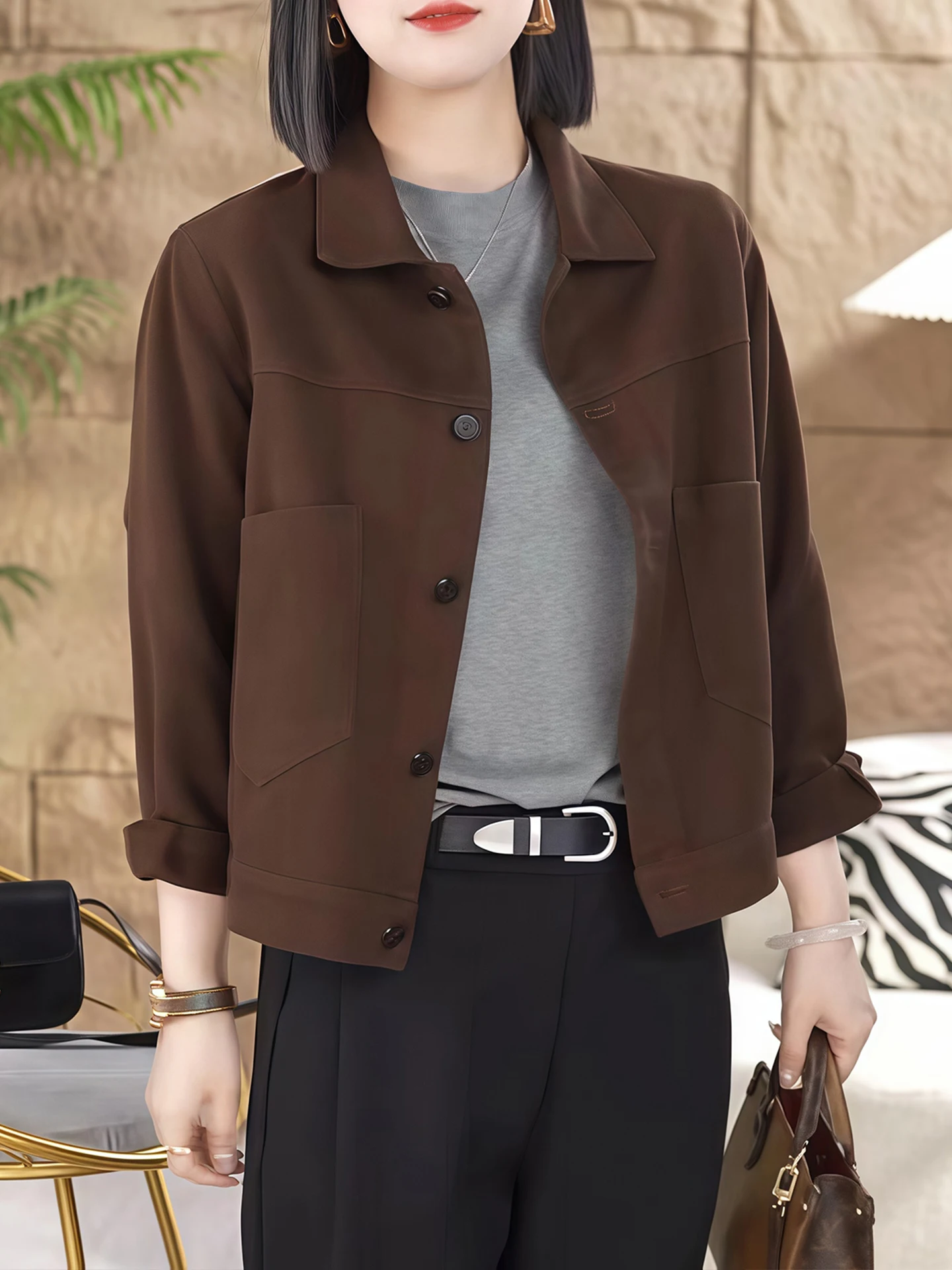 

Faionable ort Jaet Women's Autumn New Sle Simple Sle Loose Fit Long Sve Warmth Collar Button up Outerwear Coat