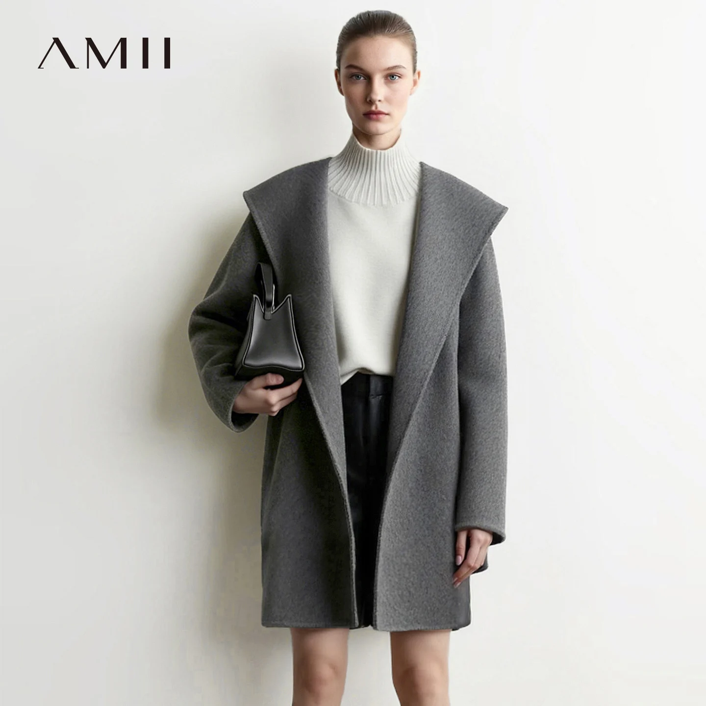 Amii Hooded Double-Faced Wool Coat Open Front Mid-Length Loose Fit Warm Commuter Minimalist 2026 Women Winter Coat 12624039