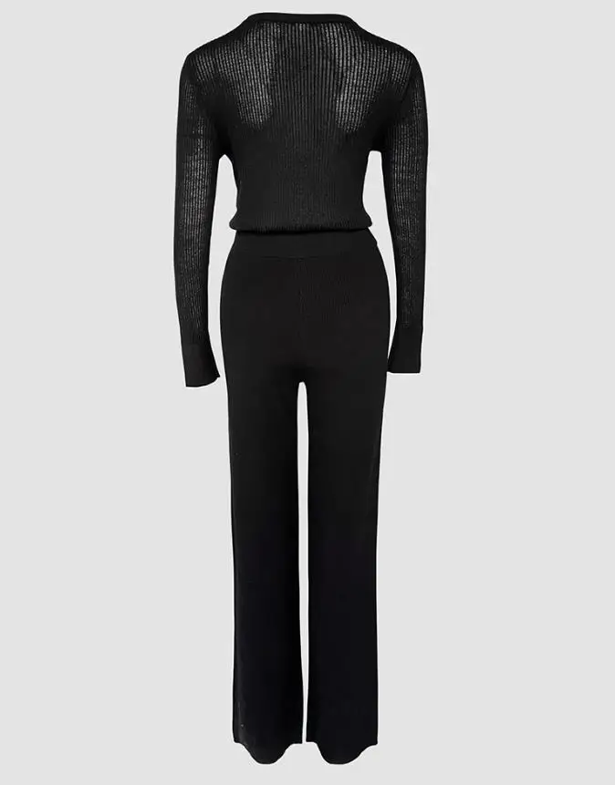 

2025 Autumn/Winter New Women's Round Neck Long Sleeve Vertical Pit Pattern Top and Casual Wide Leg Pants Set