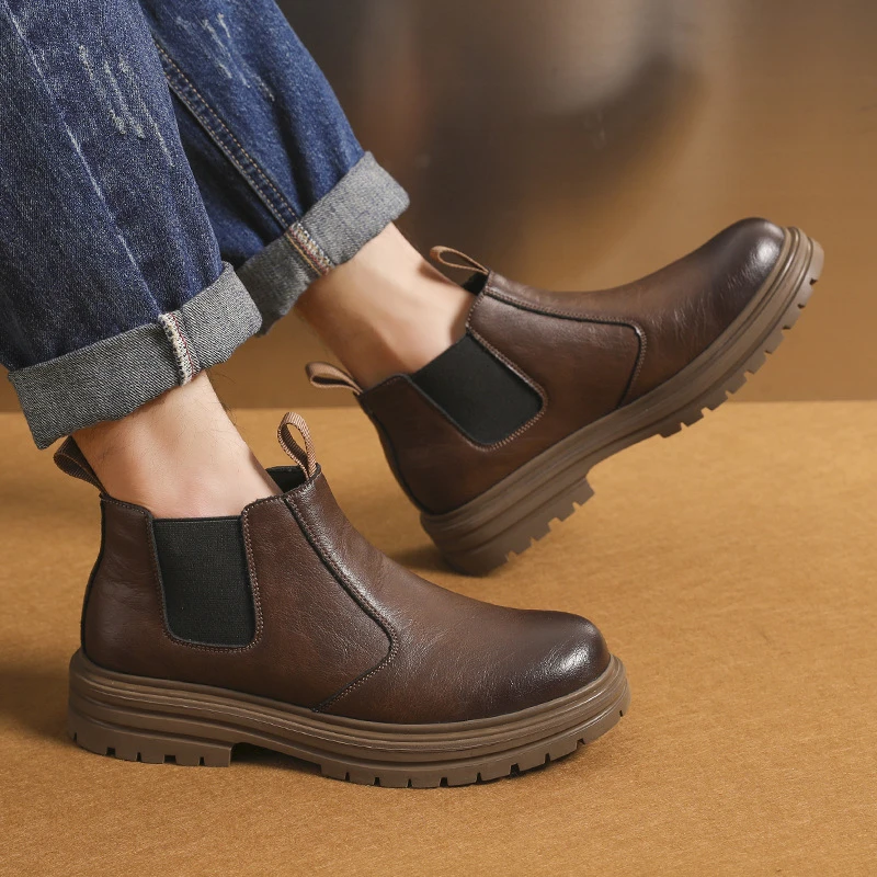 

Мужские винтажные кожаные ботинки челси с эластичными вставками, на массивной подошве, повседневные, для работы на открытом воздухе, зимние, в британском стиле