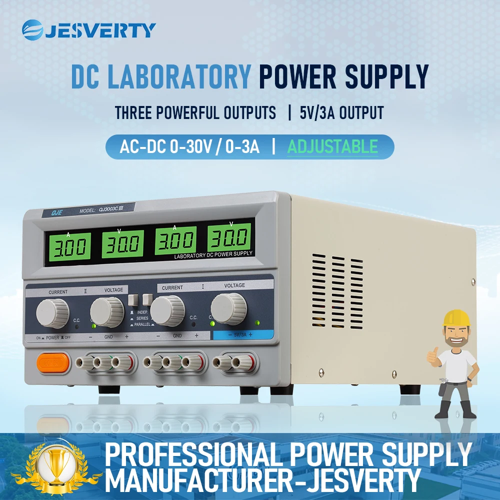 QJ3003Clll 195W Triple Desktop Power Supply 3-Way DC Regulated 0-30V 0-3A Adjustability 3-Digit Display Current Limiting