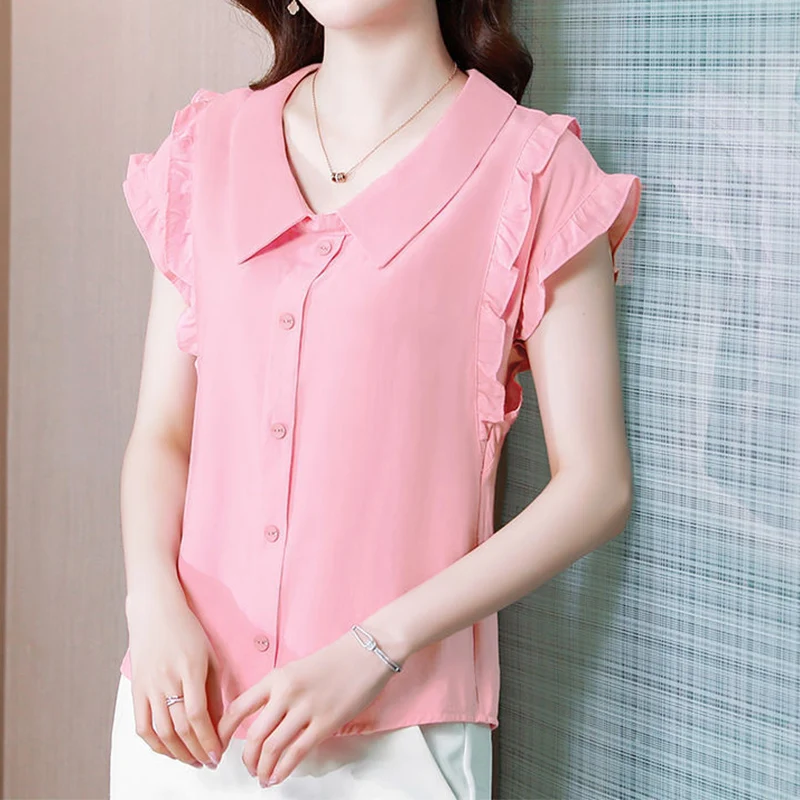 Elegant Fashion Solid Ruffles Buttons Chiffon Shirt Summer 2024 New Peter Pan Collar Short Sleeve Loose Blouse Women\'s Clothing