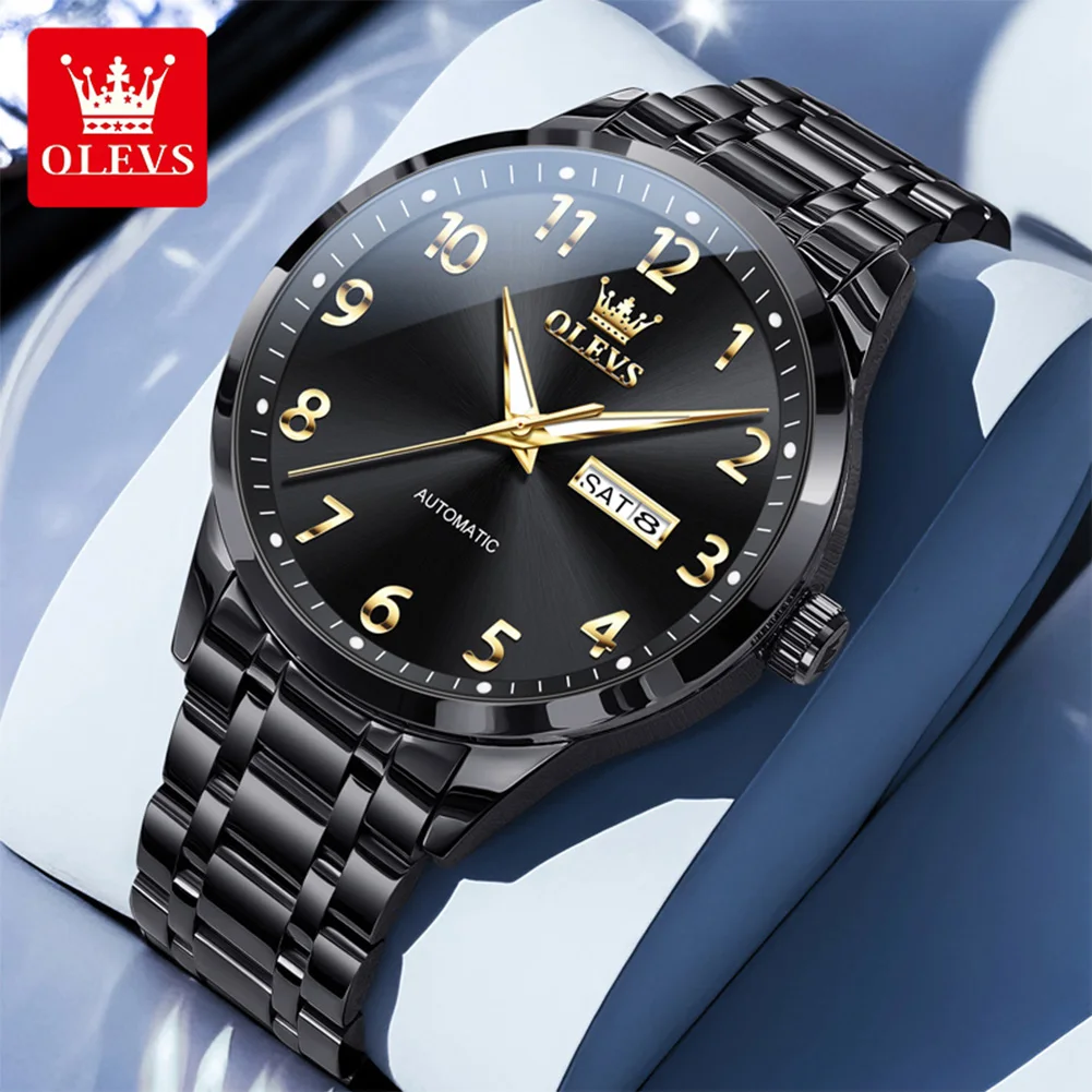 

OLEVS мужские часы с двойным календарем, оригинальные автоматические механические часы для мужчин, водонепроницаемые светящиеся часы из нержавеющей стали Reloj