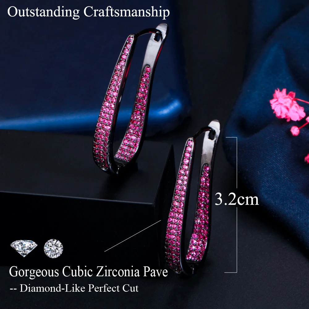 ThreeGraces New Trendy Fuchsia Cubic Zirconia Black Gold Color Hoop Earrings for Women Elegant Daily Party Dress Jewelry E1218