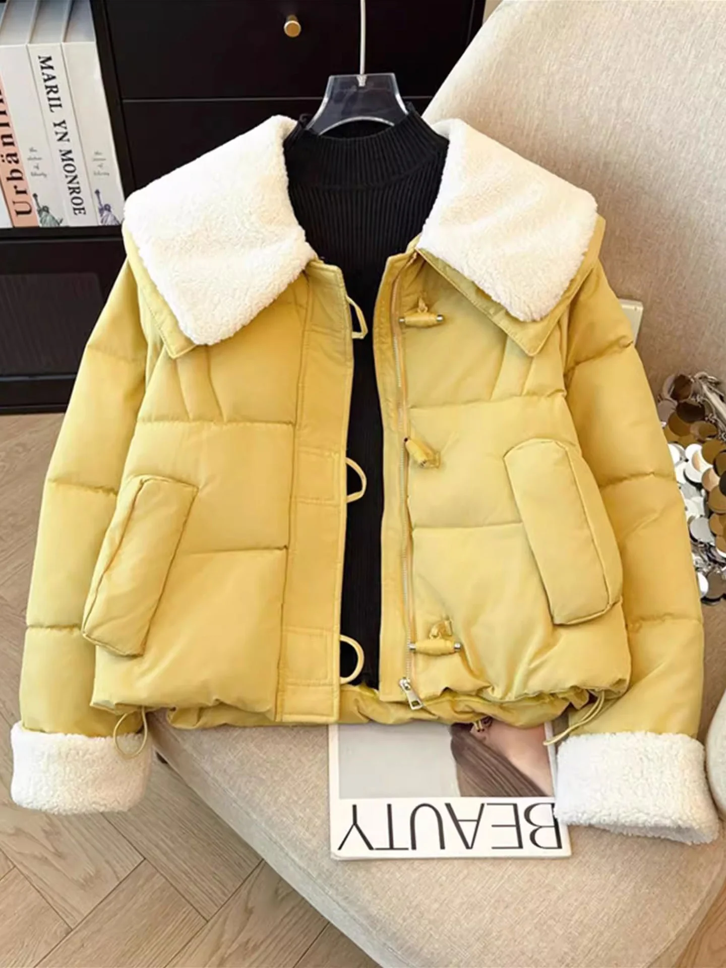 

Women's Lamb Velvet Collar Long Sve Cotton Jaet ort Sle Winter Coat Button Closure plus Size Korean Faion