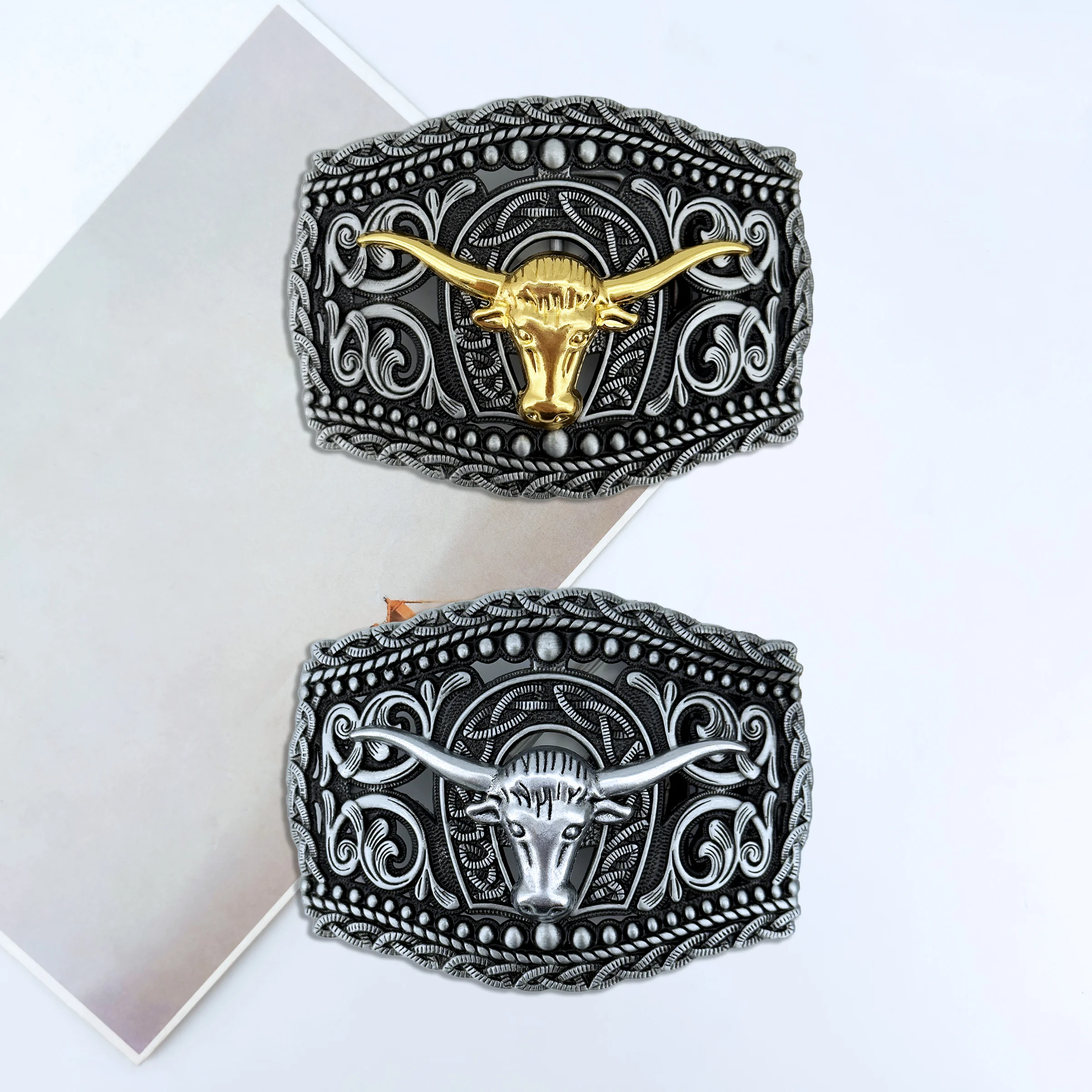 Placa Base de remache de aleación de Zinc con patrón de cabeza de toro dorado, hebilla de cinturón de cuero de vaca personalizada, estilo occidental, 1 ud.