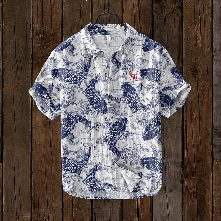 Men's Short Sleeve Shirt Fashion Japanese Art Cat & Wave Printed Harajuku Tunics Casual Turn Down Collar Y2K Oversized Tops Male